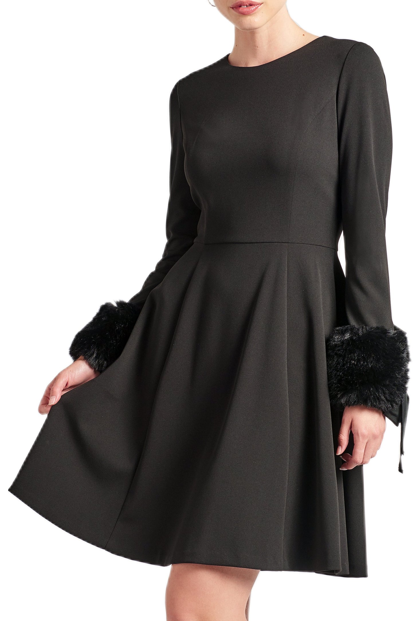 Caroline Dress - Crepe fit & flare dress with faux fur cuffs