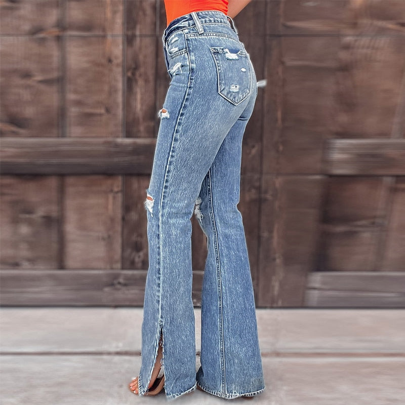 Casual Midi Waist Pocket Slim Jeans Vintage Ripped Hole Tassel Denim